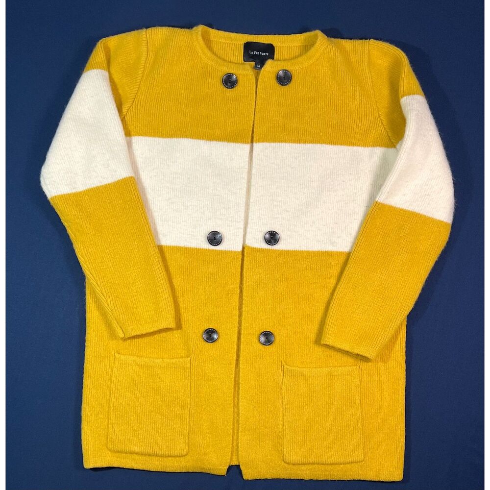 La Fée Verte Women’s Medium Mustard Yellow Ivory Colorblock Long Cardigan
